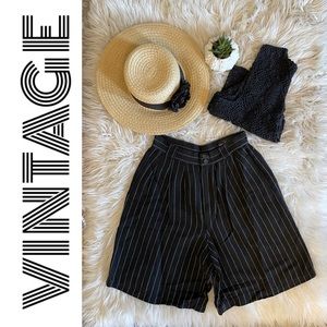 Vintage pin stripe black/white, linen/rayon high waisted Bermuda shorts